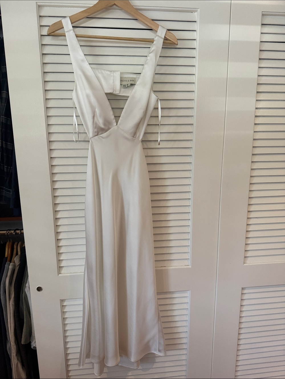 Sachin + Babi Ivory Satin V-Neck Slip Gown